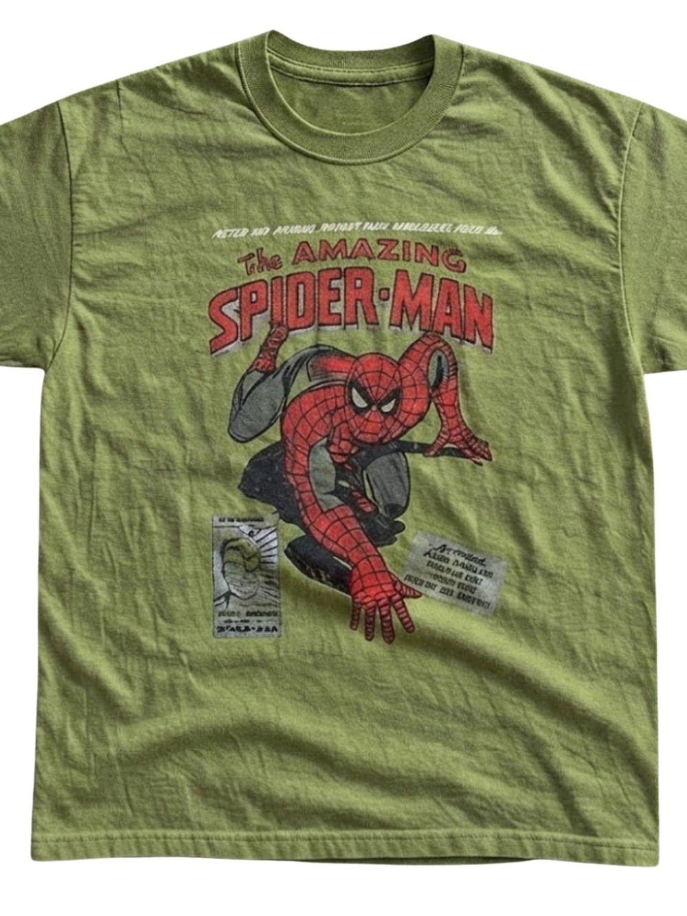 Gildan Olive Green Spider-Man Graphic Tee with Red Print